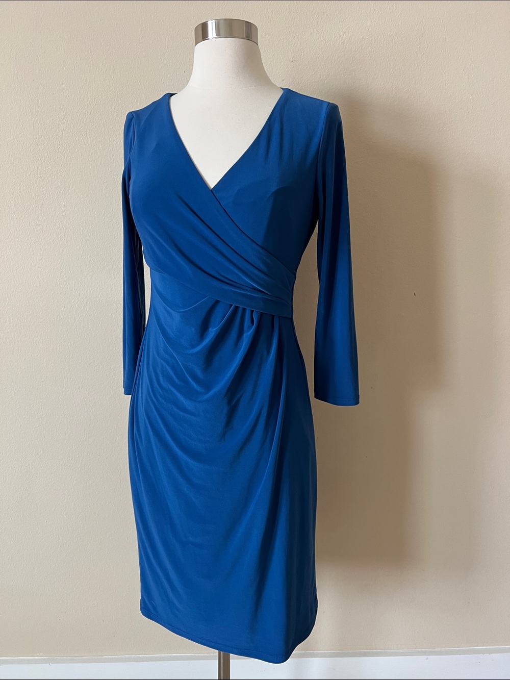 Blue Faux-Wrap Sheath Dress - Women's Elegant Work Dress